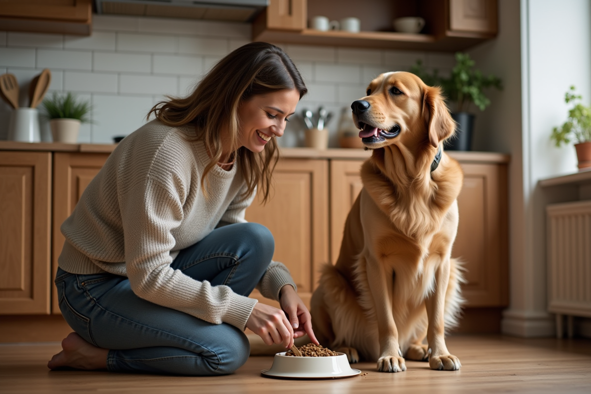 Femme en jeans et pull donnant à manger à son chien dans la cuisine chaleureuse