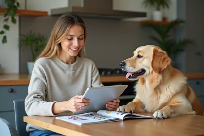 Femme avec son chien en cuisine lisant un magazine pour animaux