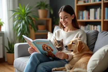Jeune femme lisant un magazine avec un chien et un chat dans un salon