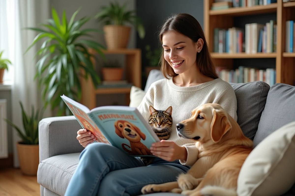Jeune femme lisant un magazine avec un chien et un chat dans un salon