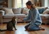 Femme en pull bleu saluant un chat tabby dans un salon chaleureux