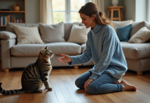 Chat : savoir comment il dit bonjour, un signe de communication essentiel Femme en pull bleu saluant un chat tabby dans un salon chaleureux