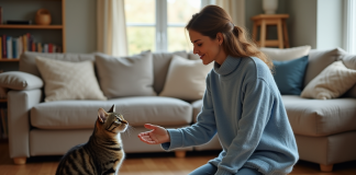 Chat : savoir comment il dit bonjour, un signe de communication essentiel Femme en pull bleu saluant un chat tabby dans un salon chaleureux
