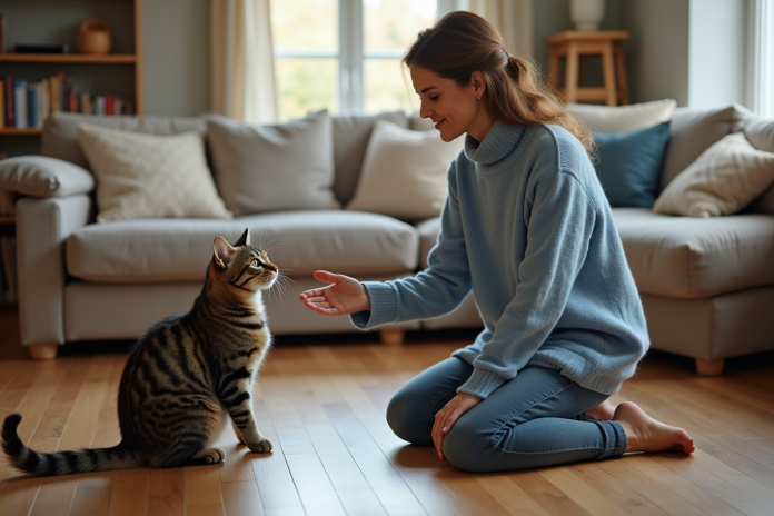 femme-salon-chat-tabby Femme en pull bleu saluant un chat tabby dans un salon chaleureux