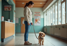 Femme avec chien dans refuge animalier moderne