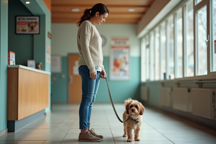 Femme avec chien dans refuge animalier moderne