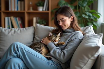 Femme assise avec un chat calin dans un salon chaleureux