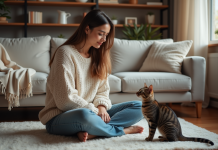 Chat : comprendre les attitudes étranges et les changer ! Jeune femme avec chat dans un salon cosy