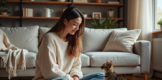 Chat : comprendre les attitudes étranges et les changer ! Jeune femme avec chat dans un salon cosy