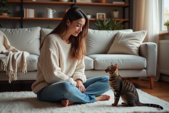 femme-sitting-chat-maison Jeune femme avec chat dans un salon cosy