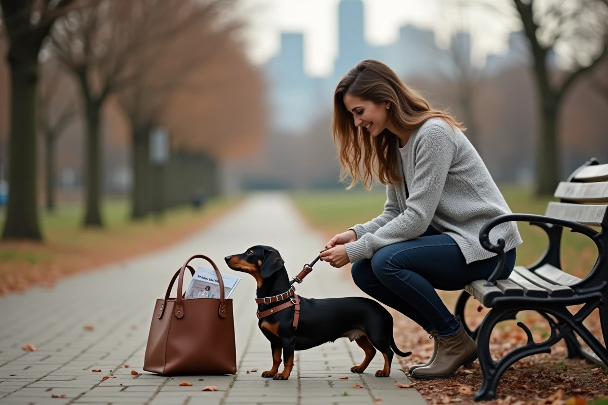 Femme préparant sa sortie au parc avec son teckel tout en consultant des brochures de mutuelle chien pas chère