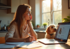 Jeune femme réfléchie au travail avec son chien à côté