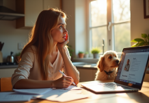 Jeune femme réfléchie au travail avec son chien à côté
