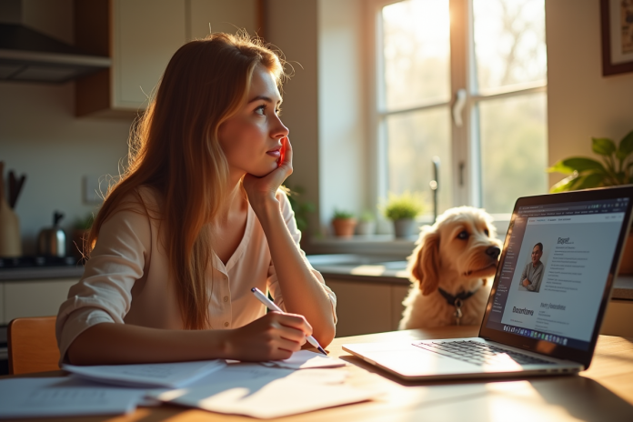 Jeune femme réfléchie au travail avec son chien à côté