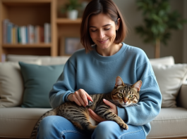 Couper les griffes d’un chat : quand et comment le faire efficacement Femme adulte avec chaton en train de couper les griffes