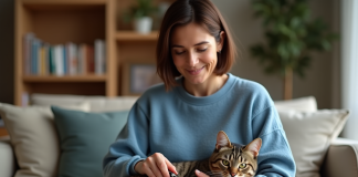 Femme adulte avec chaton en train de couper les griffes