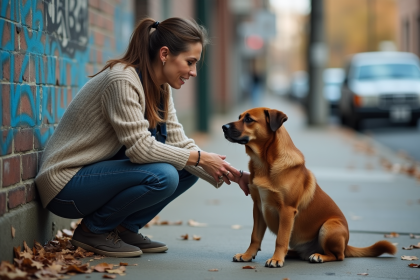 Femme en jeans et pull réconfortant un chien abandonné en ville