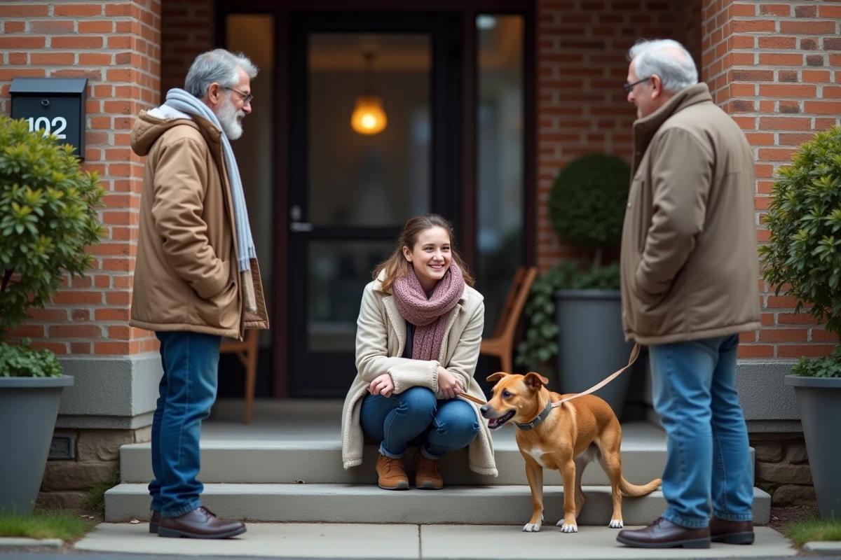 Femme et voisins devant un immeuble urbain