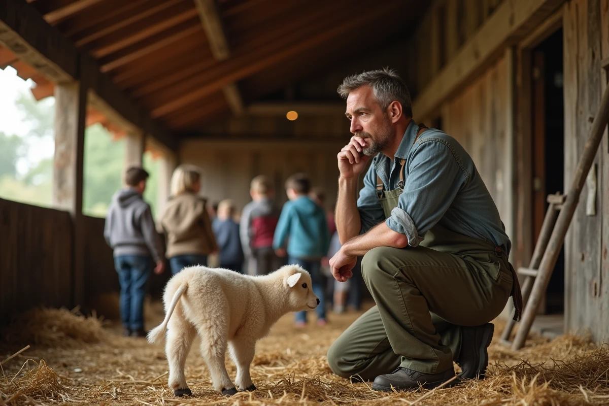 Fermeur regardant des enfants avec une mini vache dans la grange