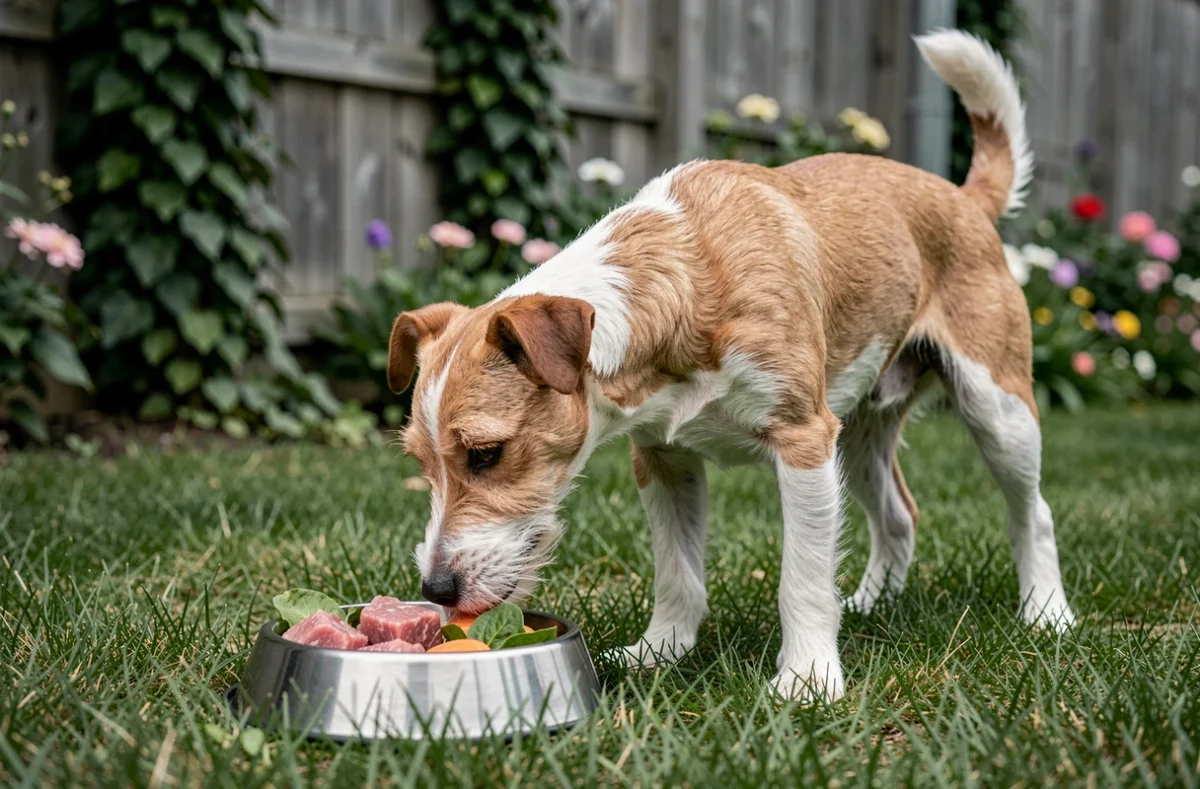 Fox Terrier à poil court explorant une gamelle de nourriture crue dans un jardin verdoyant