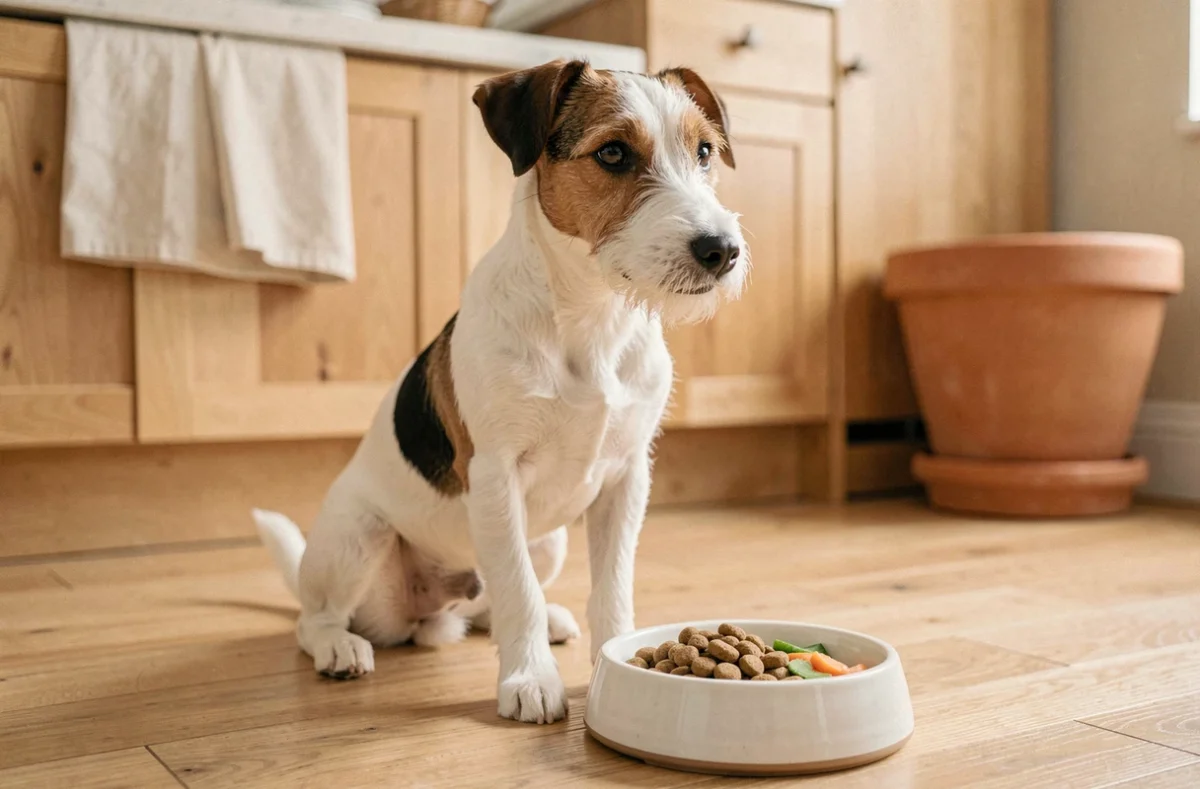 Fox Terrier à poil court assis devant sa gamelle remplie de croquettes et légumes frais dans une cuisine naturelle