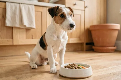 Fox Terrier à poil court assis devant sa gamelle remplie de croquettes et légumes frais dans une cuisine naturelle