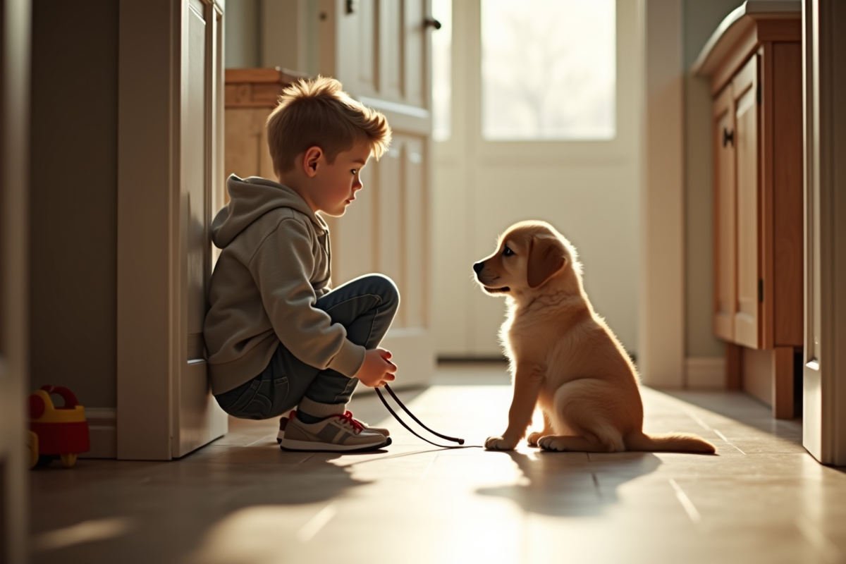 Garçon de dix ans dit au revoir à un chiot golden retriever