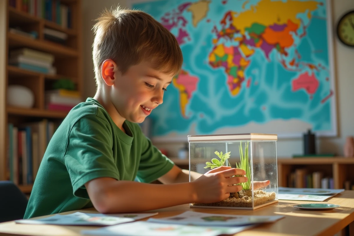Garçon préadolescent assemblant un terrarium à fourmis dans sa chambre