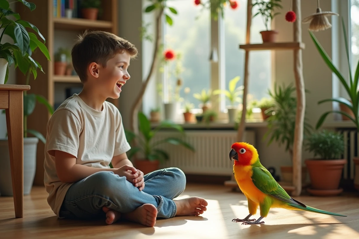 Adolescent souriant près d’un grand volière avec un kakariki