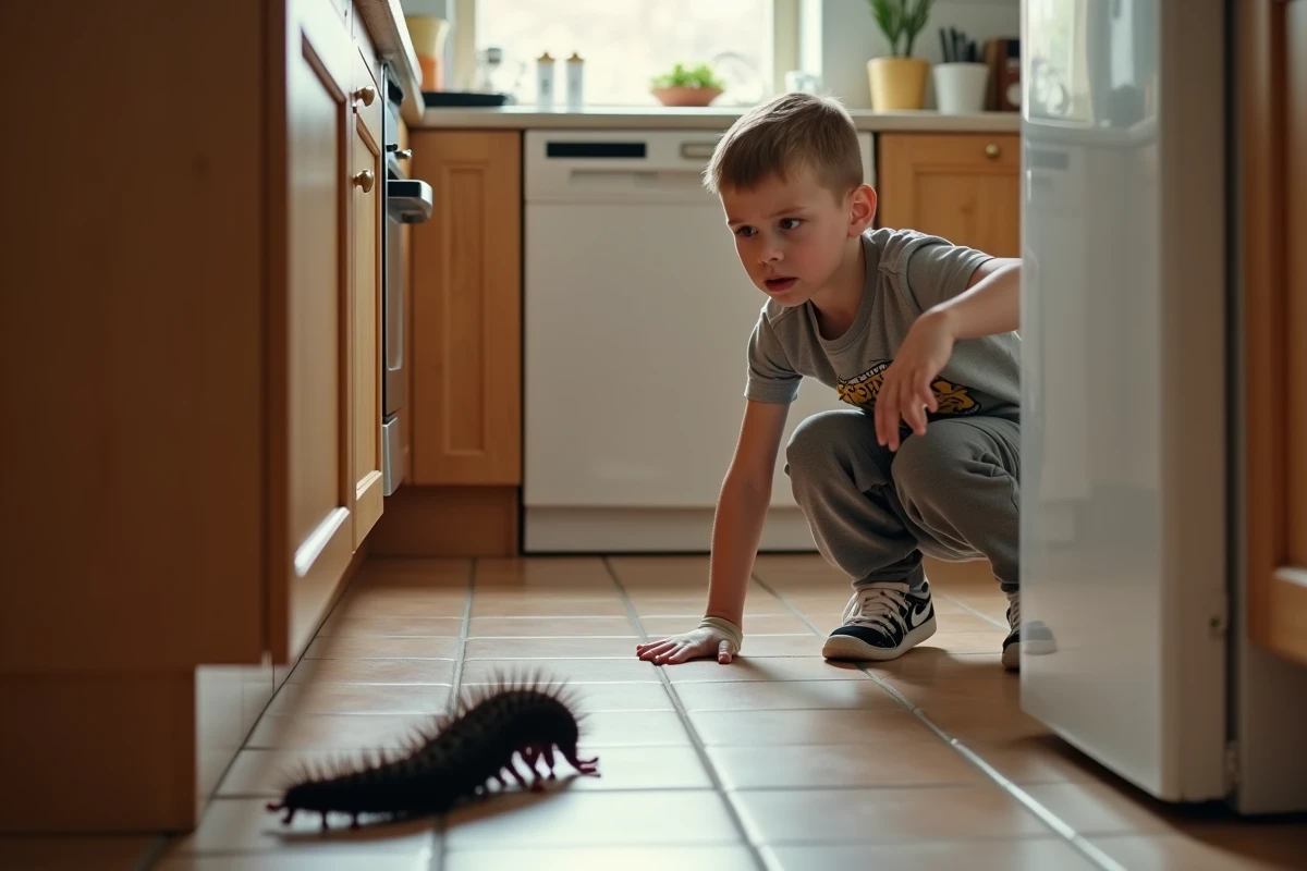 Garçon nerveux pointant un caterpillar dans la cuisine