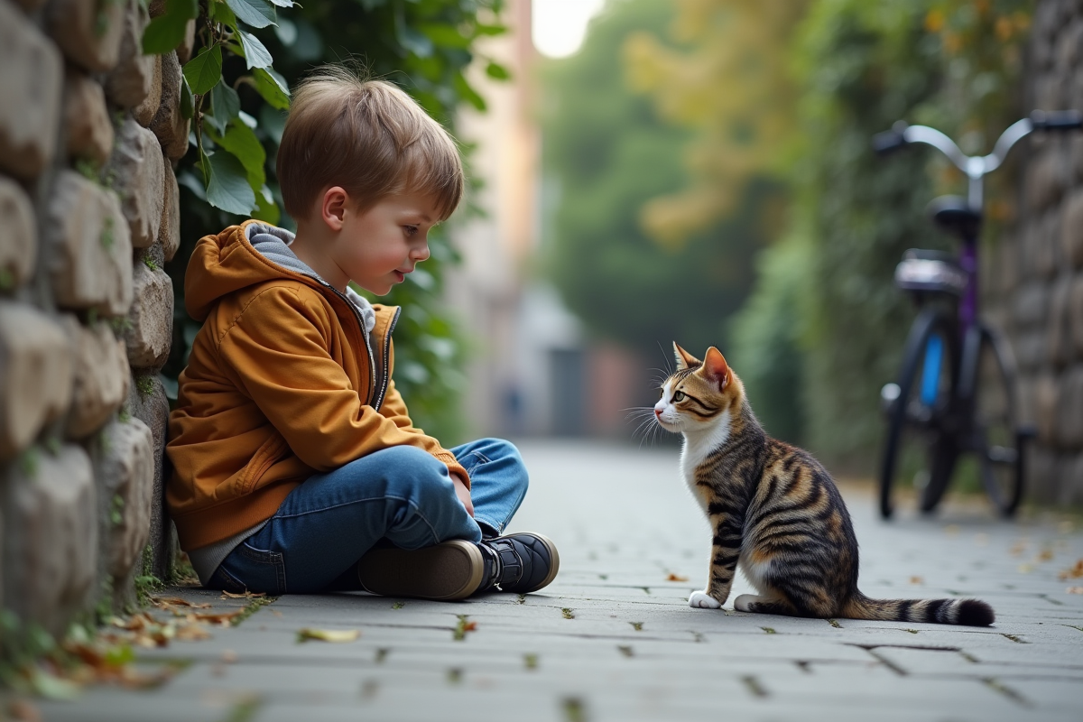 Jeune garçon assis sur le trottoir avec un chat calico dans la ville