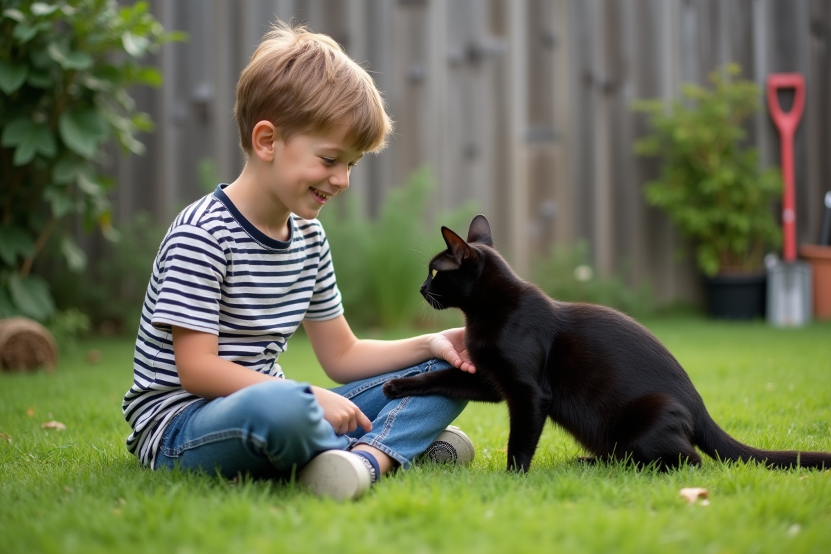 Garçon souriant avec un chat noir dans un jardin verdoyant