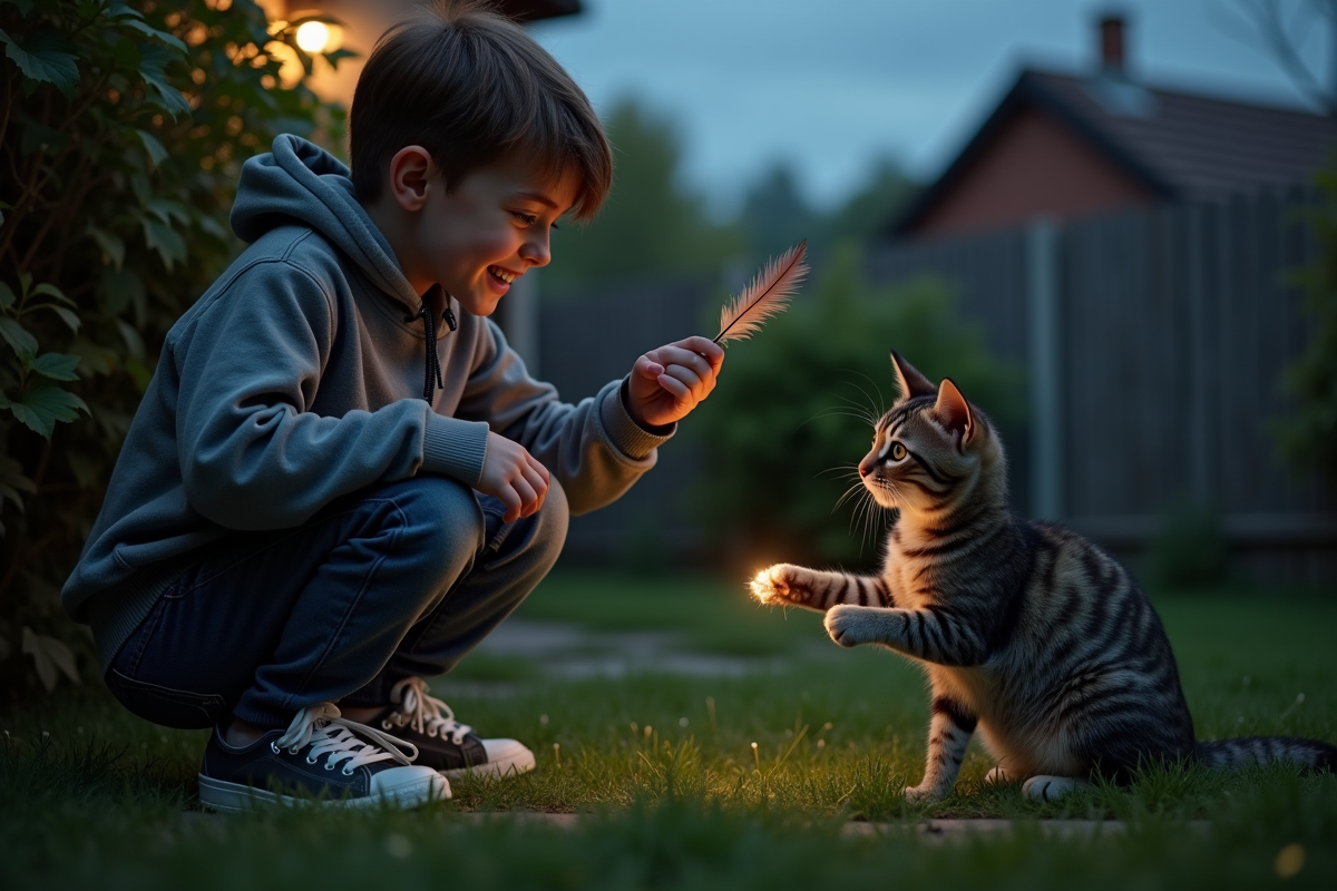 Adolescent jouant avec un chat dans le jardin la nuit