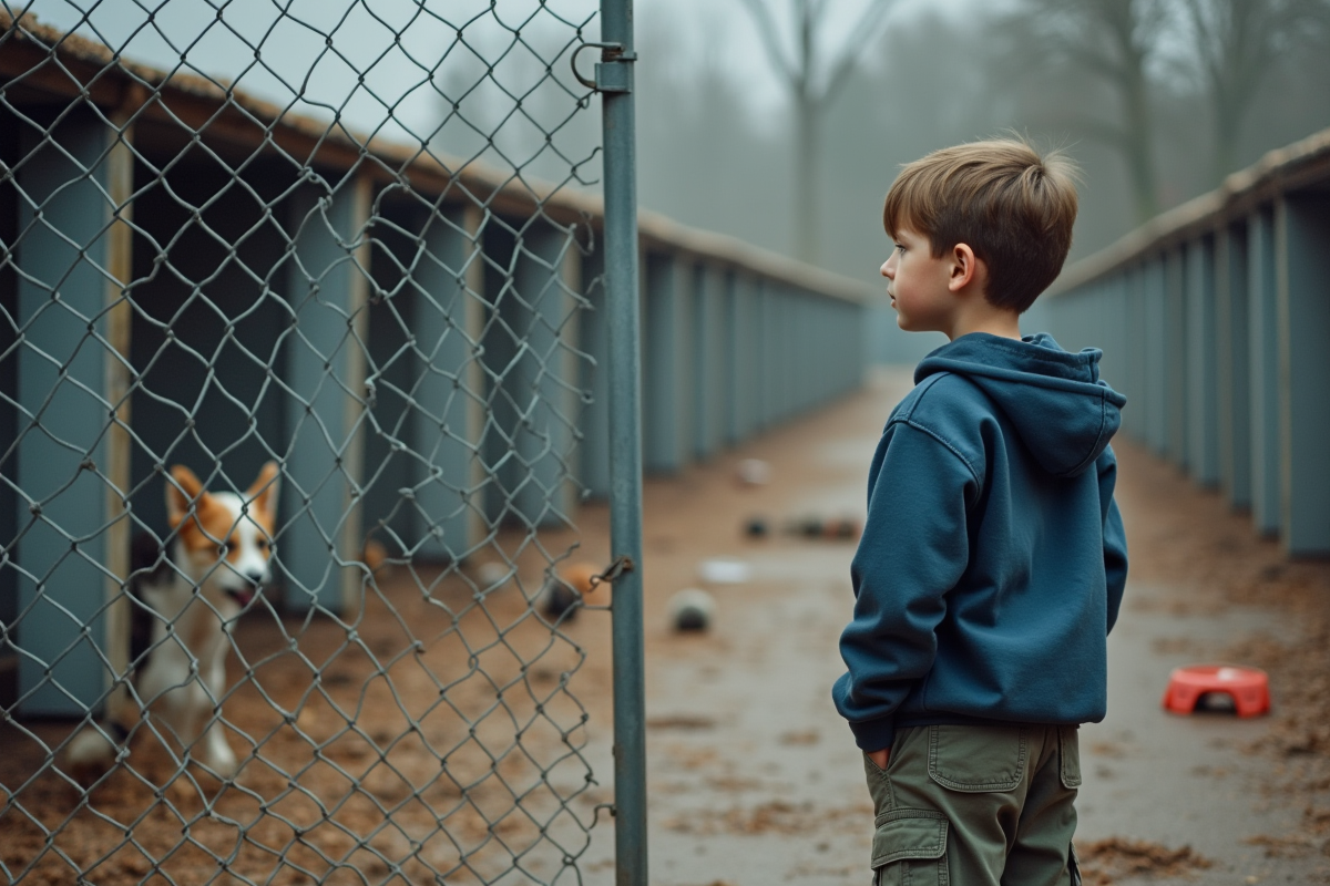 Jeune garçon regarde des chiens dans un refuge animalier