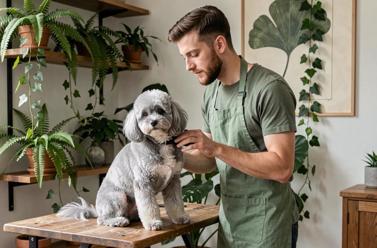 Toiletteur brossant un caniche miniature gris dans le salon Ginko Corner à Bordeaux