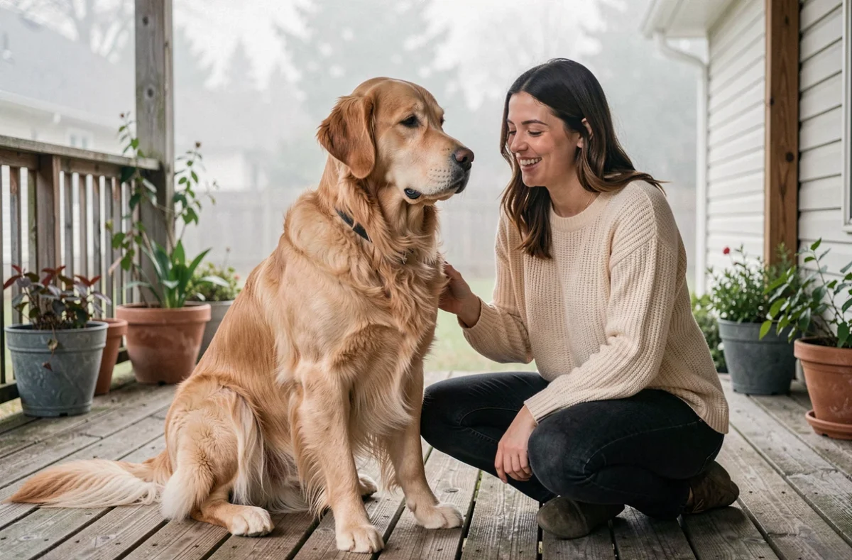 Femme débutante caressant un Golden Retriever calme et très poilu sur une terrasse en bois