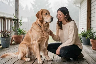 Femme débutante caressant un Golden Retriever calme et très poilu sur une terrasse en bois