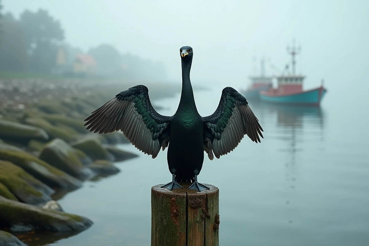 Grand cormoran ailes déployées sur un piquet de bois usé dans un estuaire côtier brumeux, plumage irisé vert et bleu bien visible