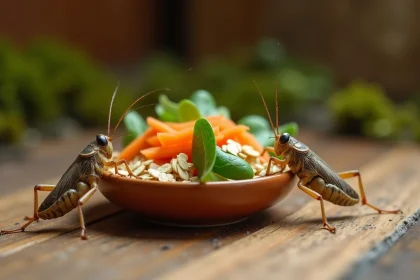 Gros plan de grillons domestiques se nourrissant de légumes frais et de flocons d'avoine dans un terrarium naturel