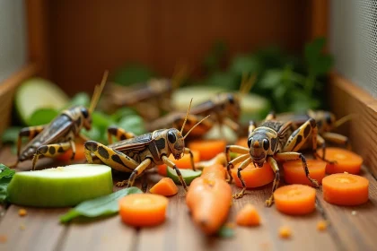 Grillons comestibles se nourrissant de légumes frais et de morceaux de fruits dans un enclos d'élevage en bois