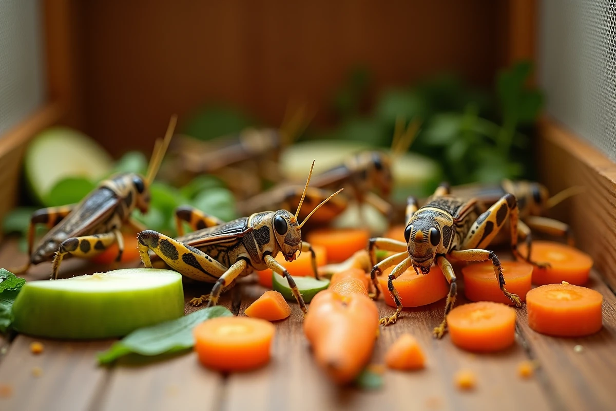 Grillons comestibles se nourrissant de légumes frais et de morceaux de fruits dans un enclos d'élevage en bois
