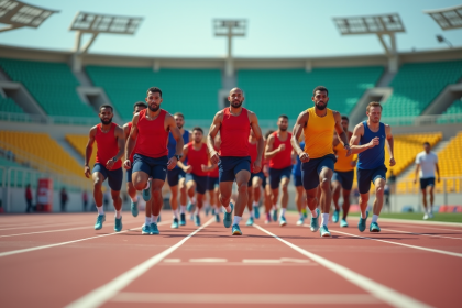 Groupe d'athletes divers au départ d'une course internationale