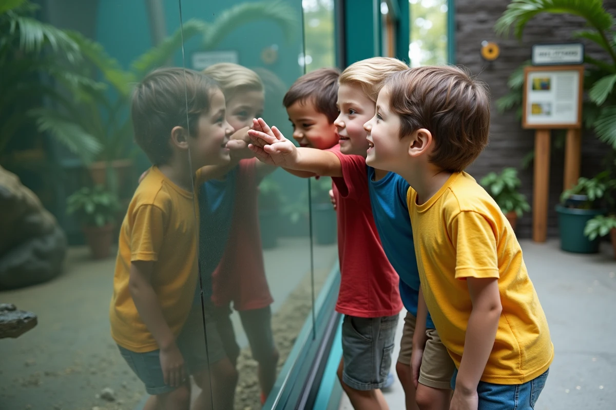 Groupe d'enfants admirant un reptile dans un terrarium lors d'une fête d'anniversaire dans un parc animalier près de Strasbourg