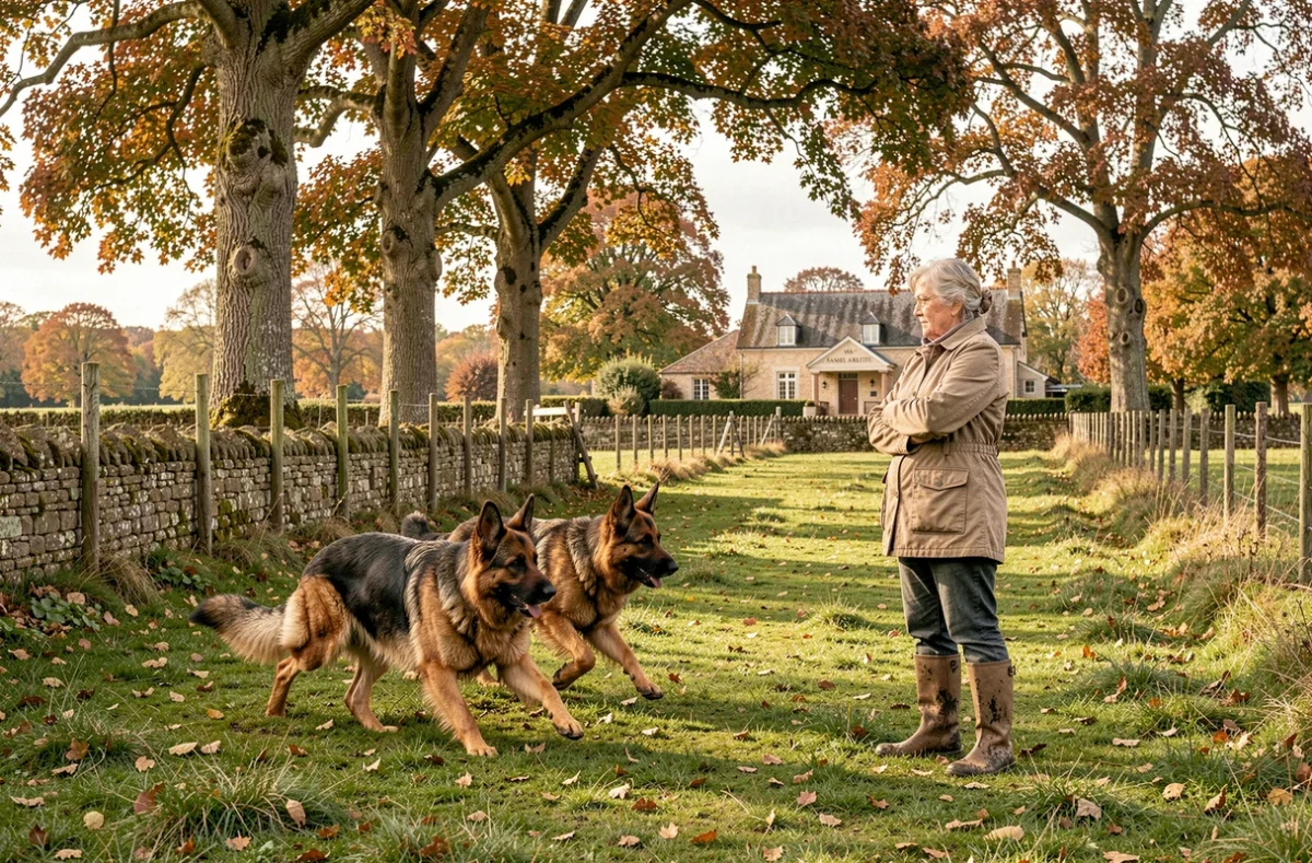 Deux bergers allemands courant dans le domaine rural de la pension Hamel Arlette à Saint-Martin-du-Bec