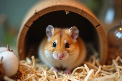 Hamster femelle gestante nichée dans une boîte de nidification remplie de litière en papier déchiqueté et coton dans une cage en verre propre