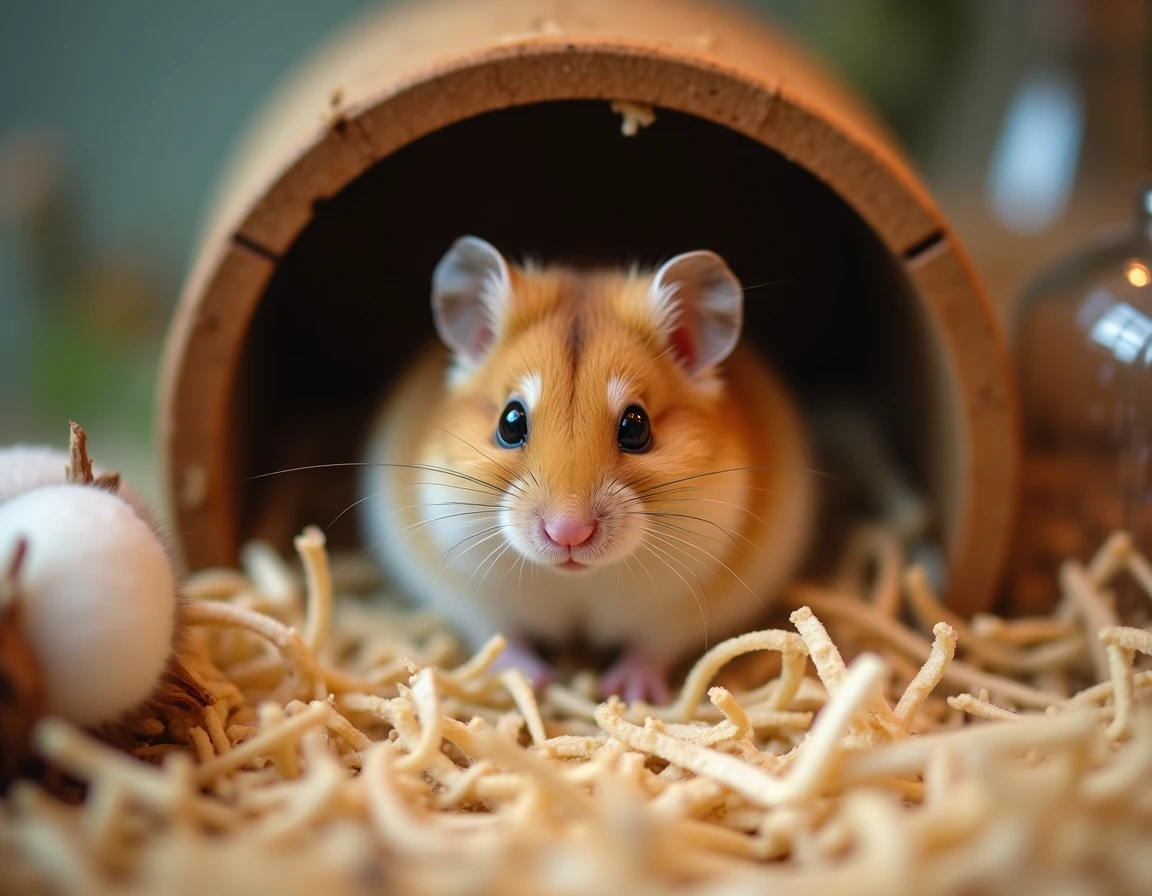 Hamster femelle gestante nichée dans une boîte de nidification remplie de litière en papier déchiqueté et coton dans une cage en verre propre