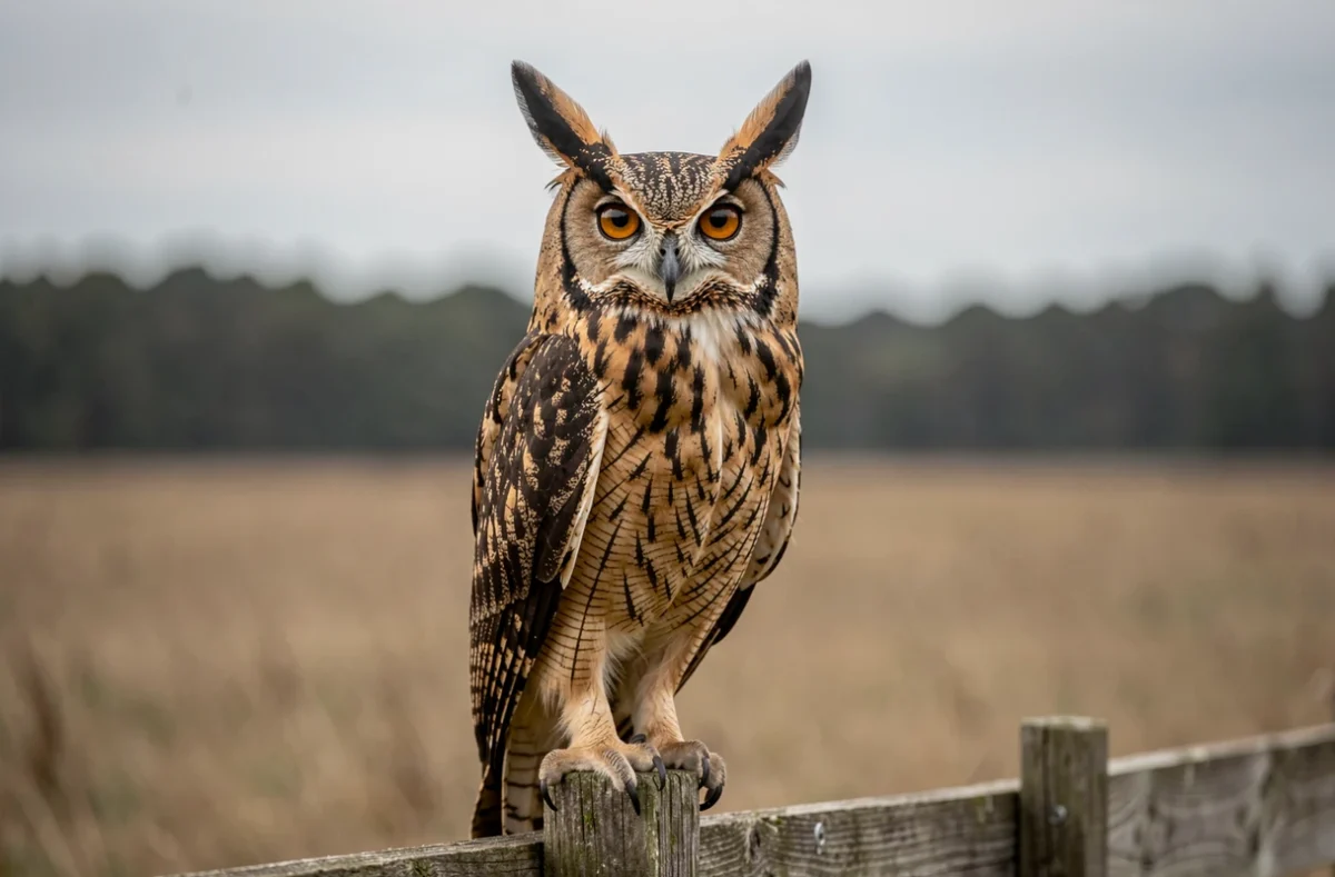 Hibou moyen-duc avec ses grandes aigrettes caractéristiques dressées, perché sur un poteau en milieu rural