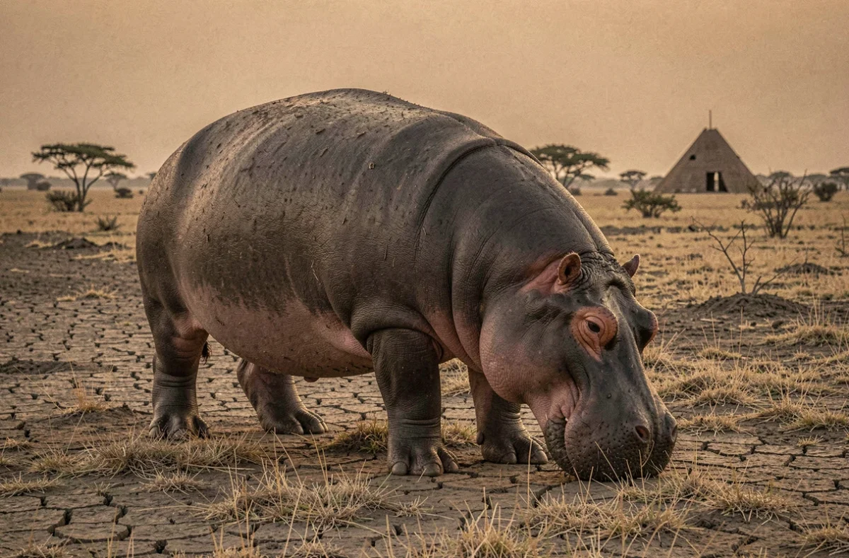 Hippopotame en train de brouter sur une plaine africaine au crépuscule, montrant son alimentation herbivore et sa morphologie massive