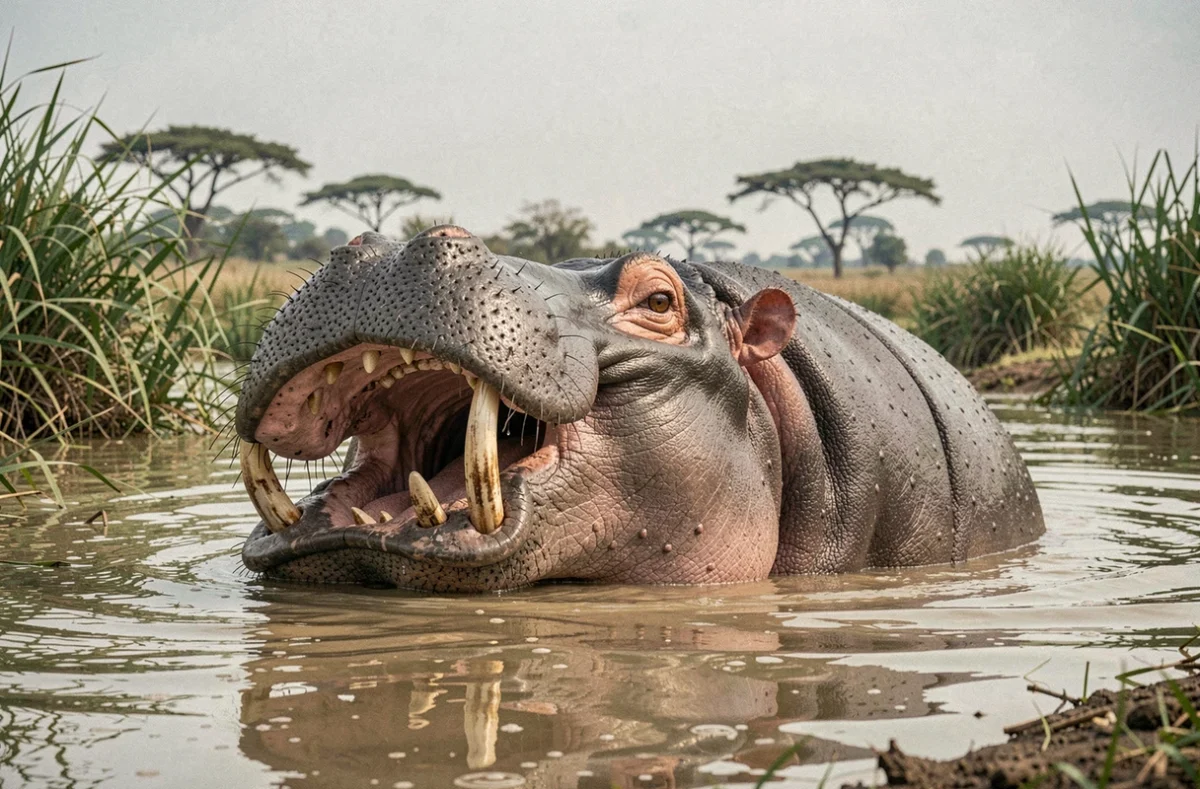 Hippopotame adulte immergé dans une rivière africaine, bouche ouverte, illustrant son mode de vie aquatique et son poids imposant