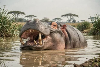 Hippopotame adulte immergé dans une rivière africaine, bouche ouverte, illustrant son mode de vie aquatique et son poids imposant